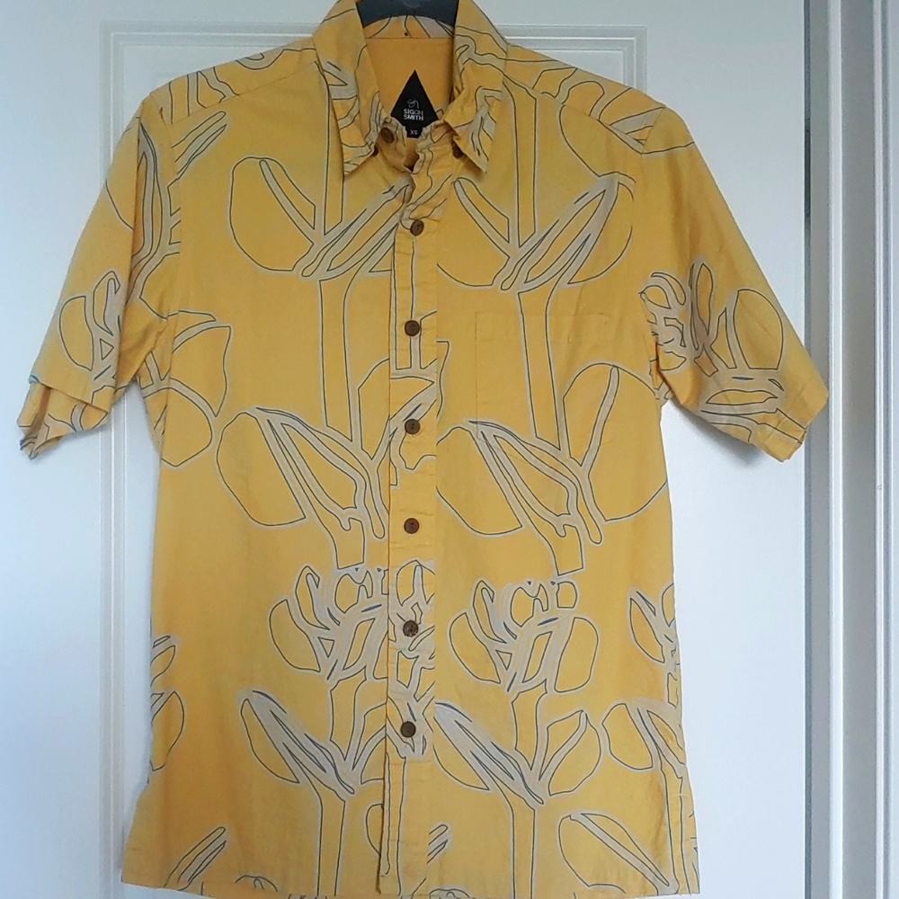 Mens Aloha Shirt Sig on Smith Button Up XS Yellow